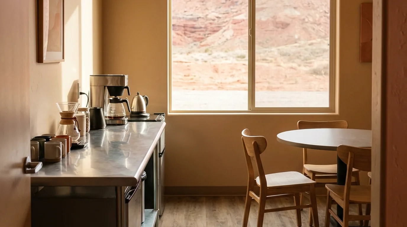 Freshly cleaned office break room in a southwest desert building with a stainless counter and vinyl plank floor